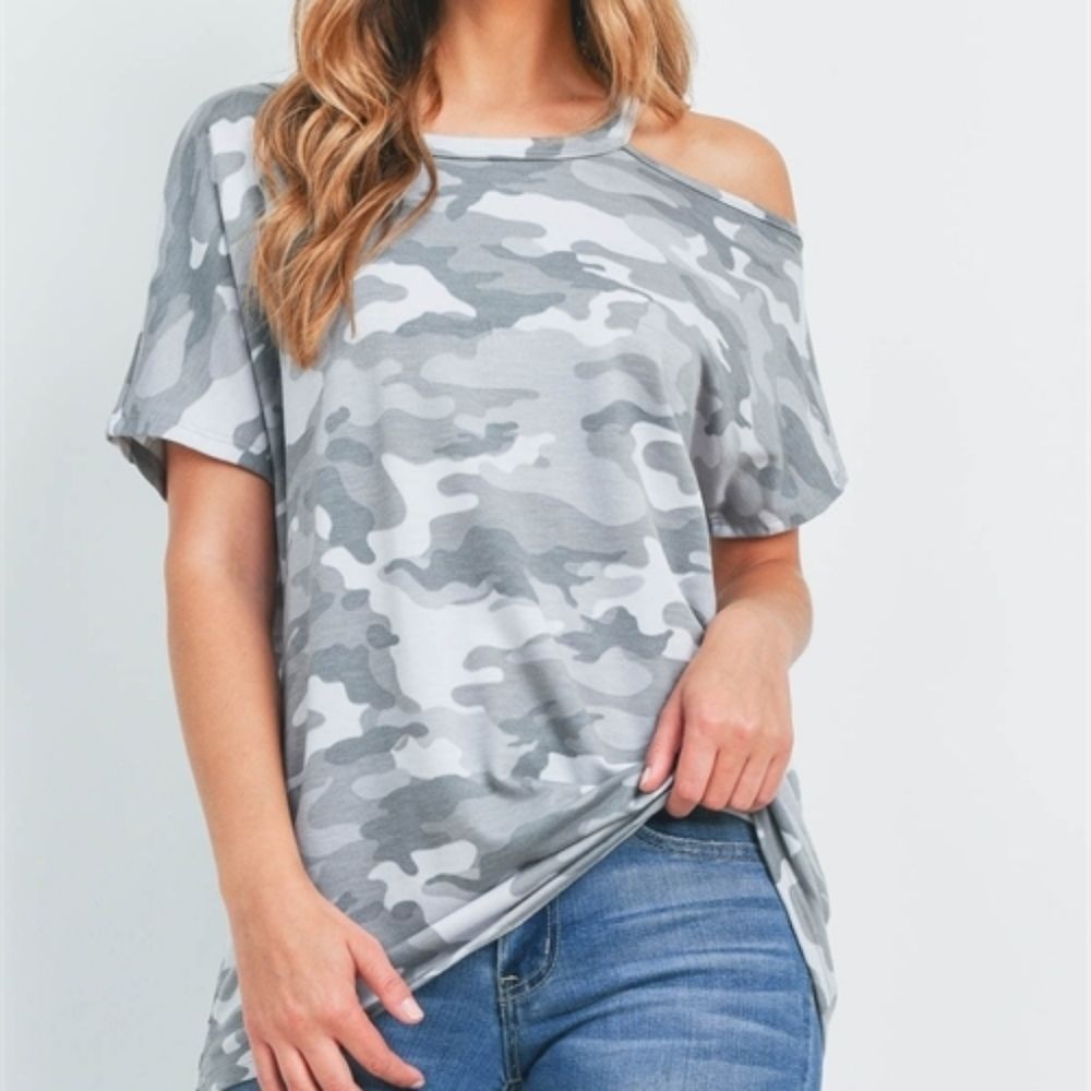Grey Camo Peek a boo Shoulder Top